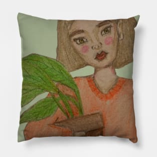 girl holding a plant Pillow