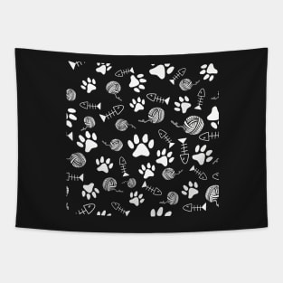 Cat Paw Print, Fish Bones, Ball of Yarn Pattern - White on Black Version Tapestry