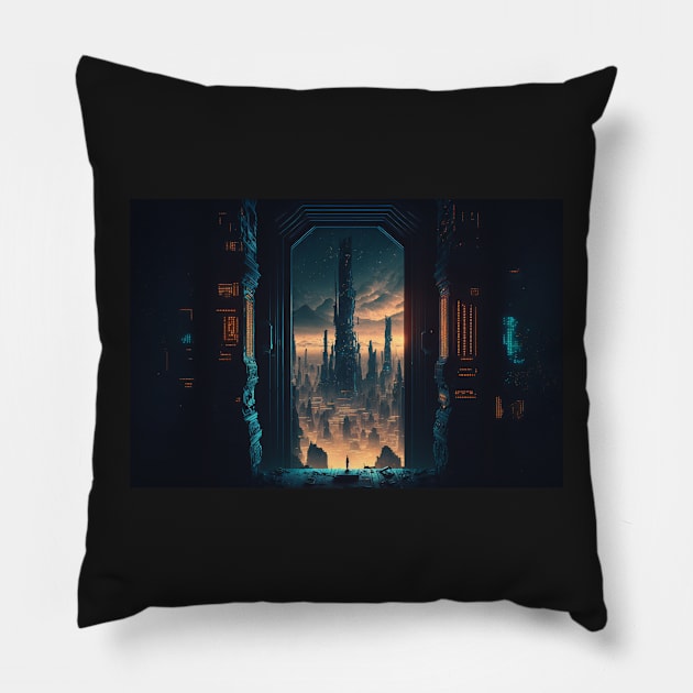 View of the Cyberpunk City Pillow by AICreateWorlds