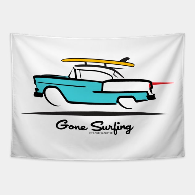 1955 Chevy Hardtop Coupe Gone Surfing Tapestry by PauHanaDesign