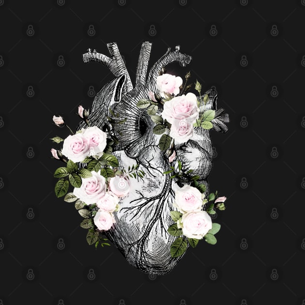 Human heart and roses, anatomy illustration art, lightpink roses and leaves by Collagedream