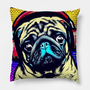 Pug in headphones Pop Art Pillow