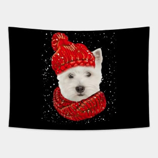 West Highland White Terrier Wearing Red Hat Christmas Tapestry