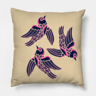 BIRDS FLYING HIGHER Cute Aspirational Hopeful Birds Nature Wildlife in Fuchsia Pink Cream Dark Blue - UnBlink Studio by Jackie Tahara Pillow