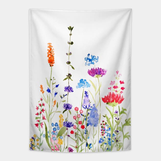 colorful wild flowers watercolor painting Tapestry by colorandcolor