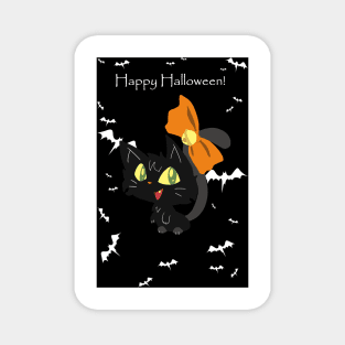 "Happy Halloween" Orange Bow Black Cat Magnet