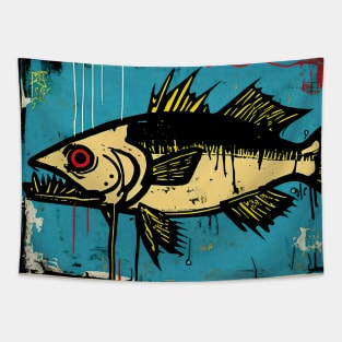 Largemouth Bass in Yellow and Blue Neo-Expressionist Painting Tapestry