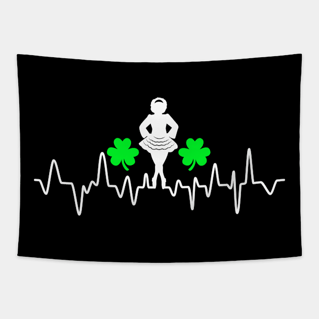 Irish Dancer Heartbeat Graph with Shamrock Leaves Tapestry by Teeziner