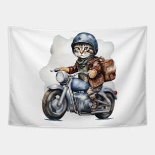 Cool street cat with black leather jacket riding a motorbike with backpack Tapestry