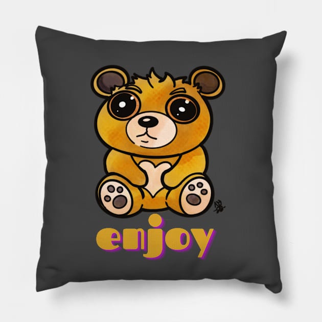 Kawaii Teddy Bear - Enjoy Pillow by Alt World Studios