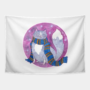 Smart Witch Cat in a Blue and Bronze Scarf Tapestry