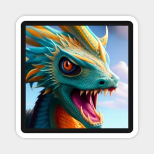 Ferocious Cyan and Gold Baby Dragon Magnet