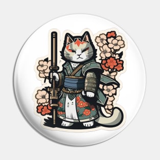 Samurai Feline: Japanese Warrior Cat Sticker Pin