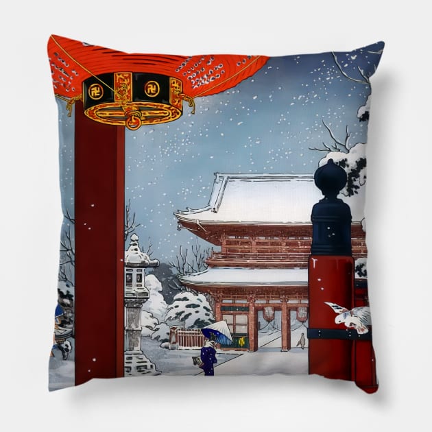 Japanese temple Asakusa in winter Pillow by geekmethat