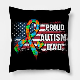 Autism Awareness T-Shirt Pround Autism Dad Vintage USA Flag Gift Pillow