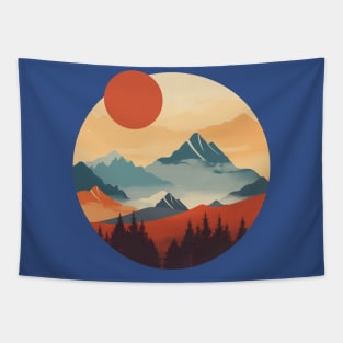 Foggy Sunrise Red sun Flat Style Layered Nature Spirit Tapestry