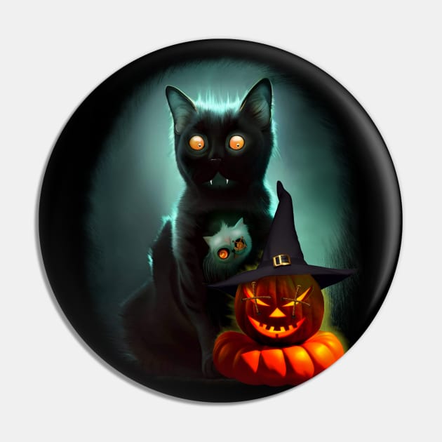 Vampire Cat and Wizard Pumpkin Halloween Surreal Art Pin by BluedarkArt