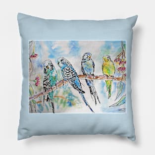 Colourful Budgies Budgerigars Sitting on A Branch Watercolor Painting Pillow