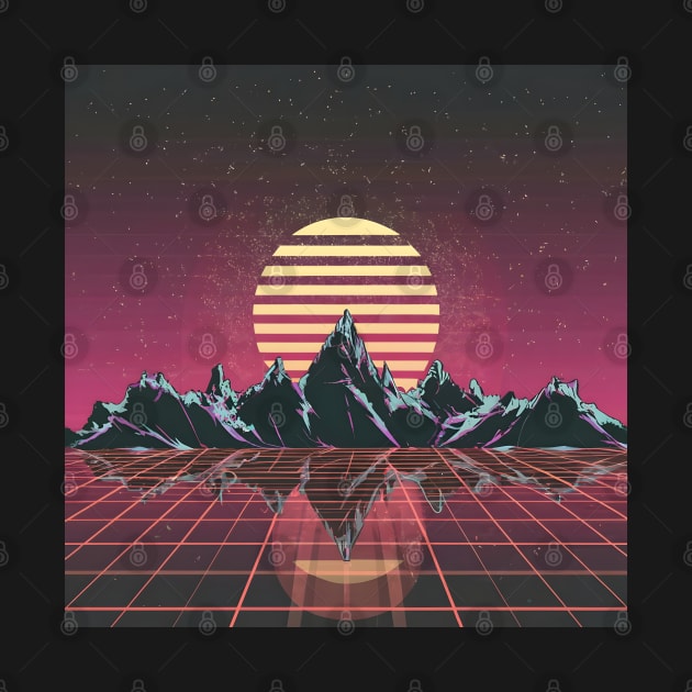 Synthwave sun within mountains by Spaceboyishere