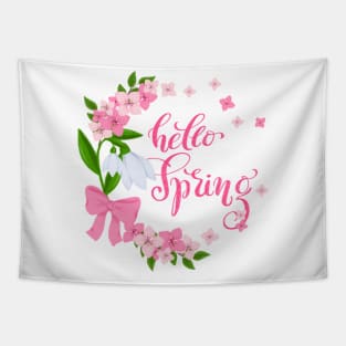 Spring wreath with snowdrops and cherry blossom and calligraphy "Hello Spring" Tapestry