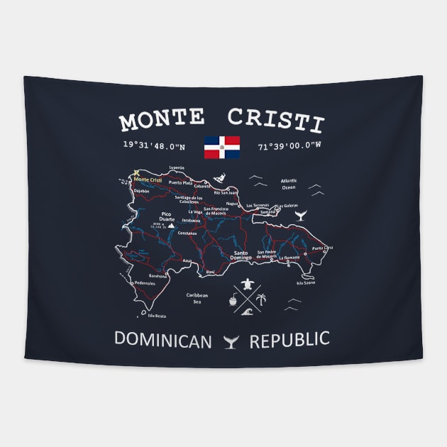 Monte Cristi Dominican Republic Flag Travel Map Coordinates GPS Tapestry by French Salsa