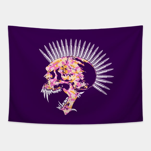 Fanged Skull with Bullet Mohawk, Spiked Jaw in Pink and Gold Camo Tapestry by RawSunArt