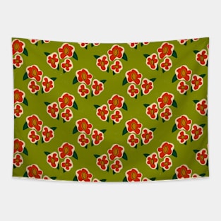 Retro Green and Orange Floral Pattern Tapestry