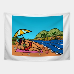 Young overweight woman relax on beach summer vacation Tapestry