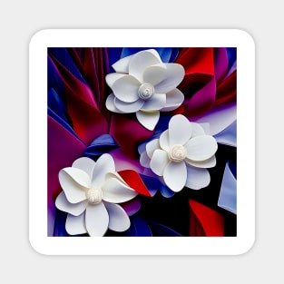 White Flowers on Red and Blue Magnet