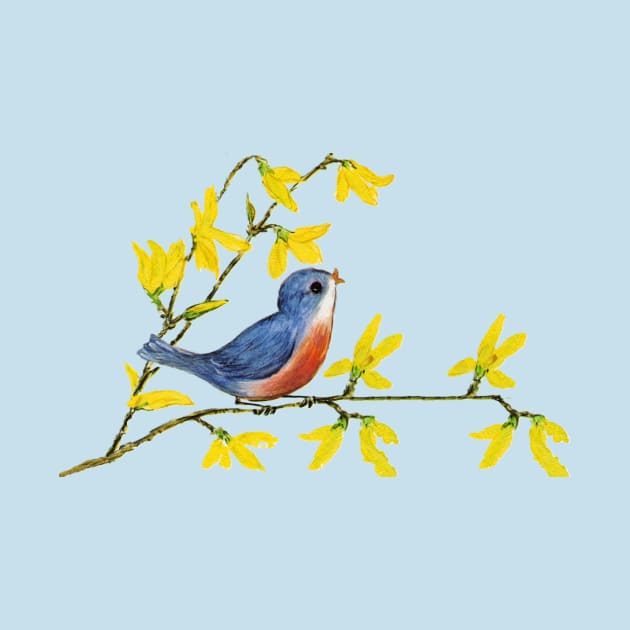 Little Bird on Branch Yellow Flowers by DeerSpiritStudio