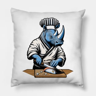 Sushi Master Rhino - Retro Japanese Chef Cartoon Pillow