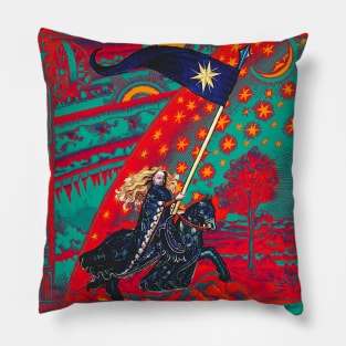 FEMALE KNIGHT OF STARS HORSEBACK IN NIGHT BLUE, RED ,YELLOW AND FLAMMARION Surreal Cosmic Sky, Sun And Moon Pillow