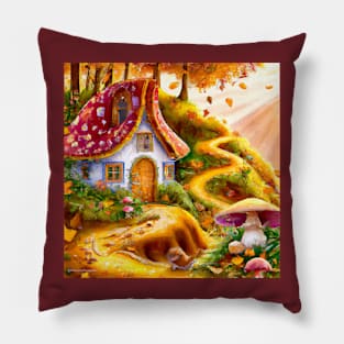 Cosy Cottage on top of a Hill in the Autumn Woods Pillow