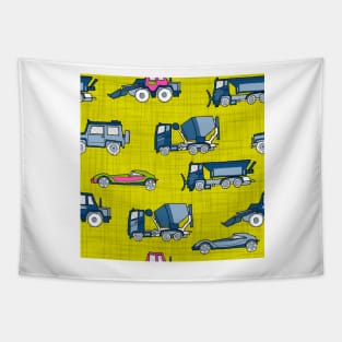 Vehicles blue on yellow-green texture Tapestry