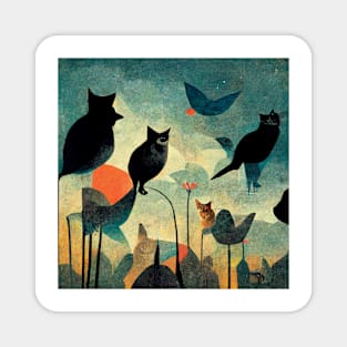 Cats and birds look at each other. Magnet