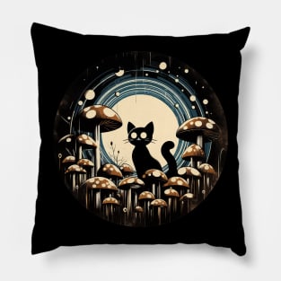 Funny Vintage Black Cat in Mushroom Garden Pillow