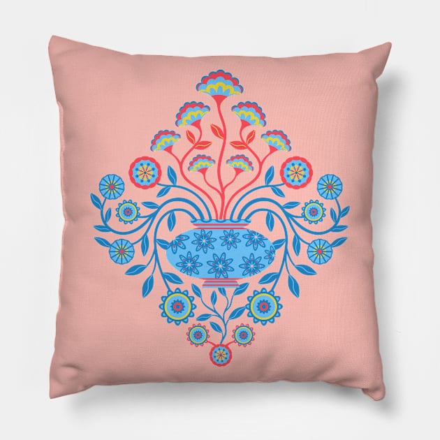 DREAMY DAMASK Cottagecore Floral Botanical Damask with Vase Icy Blue Red Yellow Pink - UnBlink Studio by Jackie Tahara Pillow by UnBlink Studio by Jackie Tahara