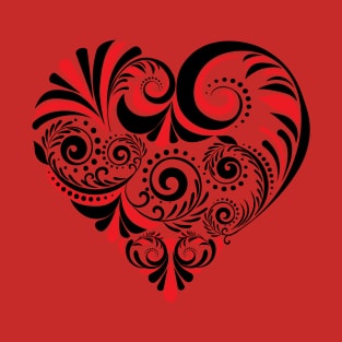 Red black Folk Floral Heart T-Shirt