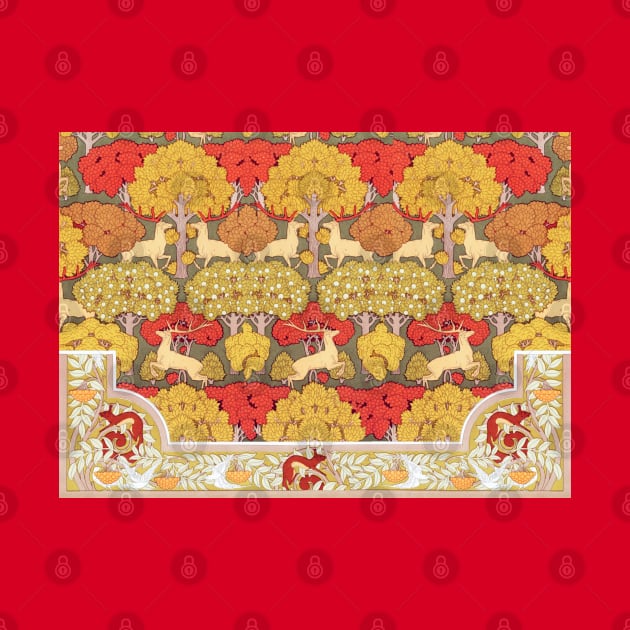 Deer and Trees,Squirrel,Doves and Rowan Red Yellow Art Nouveau Floral by BulganLumini