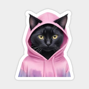 Black cat wearing pink hoodies Magnet