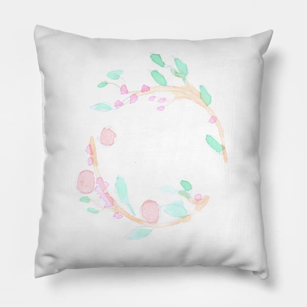 wreath, plants, round, nature, flowers, berries, watercolor, illustration, hand drawn, color, design Pillow by grafinya