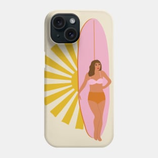 Girl, surfboard and sun Phone Case