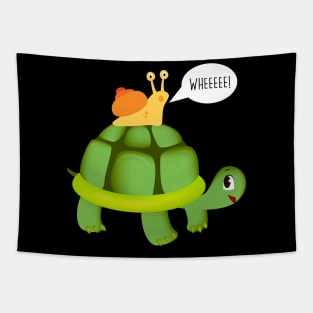 Cute Snail Riding on Turtle Yelling Whee Animals Tapestry