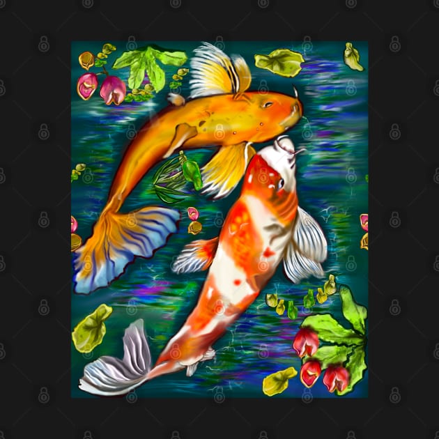 Best fishing gifts for fish lovers 2022. Koi fish pair couple swimming in koi pond with plants and flowers by Artonmytee