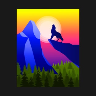 Minimalist Mountain Landscape, Wolf Howling at Sunset T-Shirt