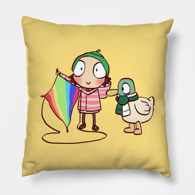 sarah and duck flying a rainbow kite in kite flight / children cartoon Pillow by mudwizard