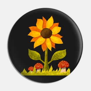 Sunflower in the grass along with some amanita mushrooms. Textured Illustration. Pin