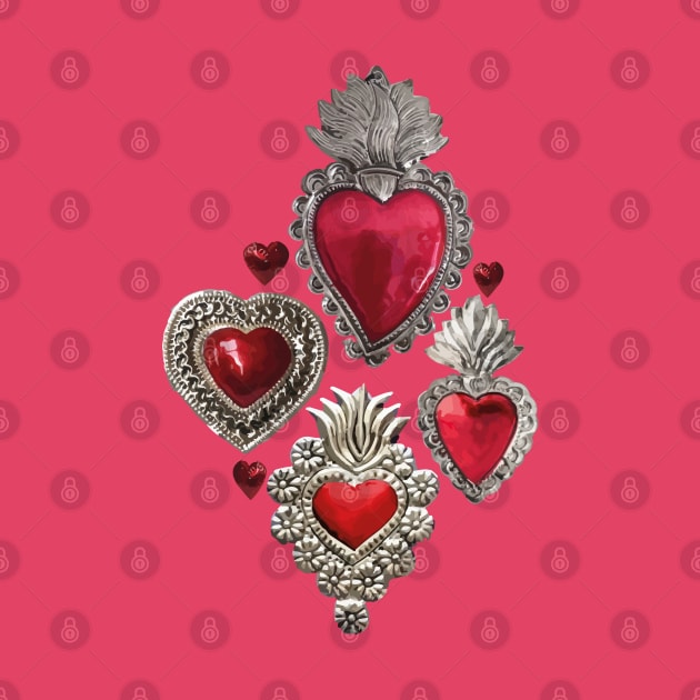 Mexican milagrito vibrant red sacred heart silver oaxaca folk art elegant seamless pattern by T-Mex