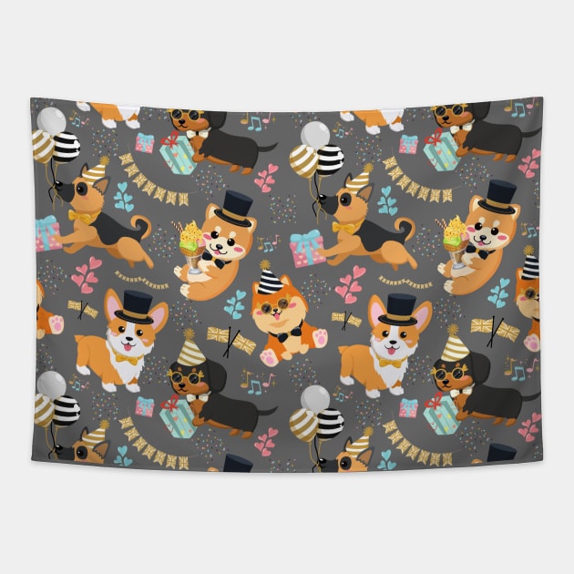 Queen's Platinum Jubilee Party Pups Tapestry by Auraya Studio