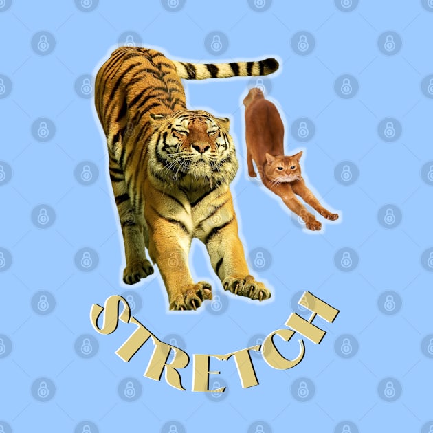 Stretch exercise by a tiger and a cat - gold text by Blue Butterfly Designs 